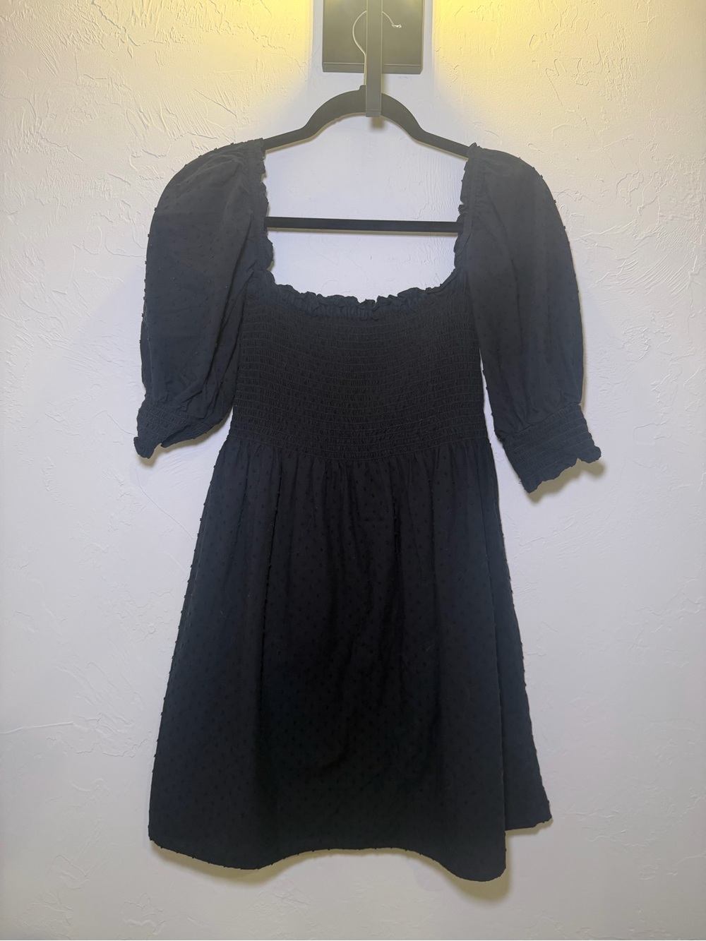 Smocked Puff Sleeve Mini Dress - Black